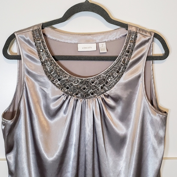 Chico's Sleeveless Silver Top With Silver Embellishments Silky Size 2 - Picture 2 of 10